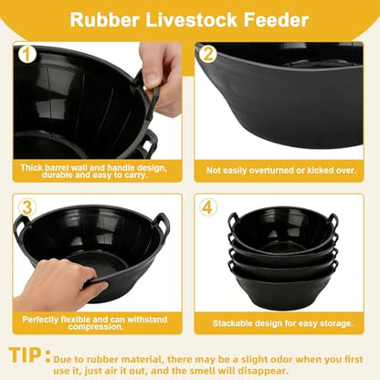 6Pcs Rubber and Plastic Feed Pan with Handle, 3 Gallon / 12 Quart Plastic Feed Pan Utility Horse Feed Bucket for Cats Dogs Goats Chicken Dust Bath Container Animal Feeding Watering Bowl