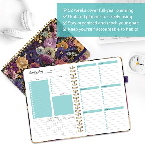 Taja Undated Weekly Planner, Weekly To Do List Notebook with Goal & Habit Tracker Organizer, A5 Weekly Planner Notebook with Spiral Binding, 6.1" x 8.2" - Midnight Bloom - color: s.Midnight Bloom