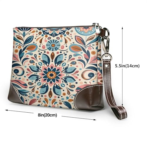 Leather Clutch Purse for Women, Large Capacity Wristlet Wallet with Removable Strap, Zip Handbag - color: Scandinavian Folk Art