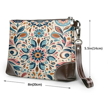 Leather Clutch Purse for Women, Large Capacity Wristlet Wallet with Removable Strap, Zip Handbag - color: Scandinavian Folk Art