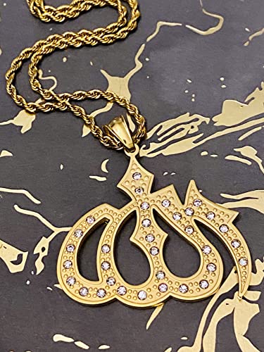 Allah Pendant Necklace – 14K Gold Finish Iced Out Religious Charm with Stainless Steel 3mm Rope Chain, Islamic Muslim Jewelry for Men & Women - size: 20" Necklace
