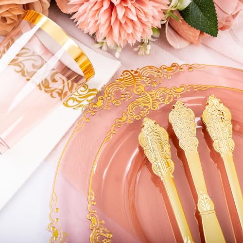 Hioasis 175pcs Burgundy and Gold Plates - Burgundy Party Plates for 25 Guest, Include 50 Heavy-duty Plates(20% Thicker Than Standard), 75 Cutlery Set, 25 Napkin, 25 Cups - color: Burgundy and Gold