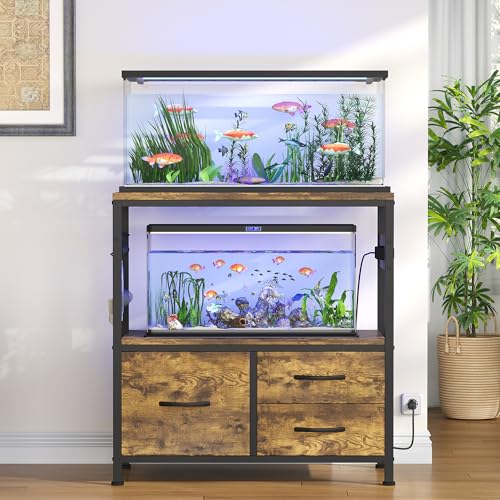 Heybly 20-29 Gallon Fish Tank Stand, Aquarium Stand with Drawer, Power Outlet, Heavy Duty Metal Frame, for Fish Tank, Turtle & Reptile Terrarium, 31.5" x 15.7" Top, 330lbs, Rustic Brown HAS001SR - color: Rustic Brown, size: 20-29 gal