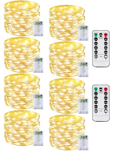 8 Pack 60 LED Fairy Lights Battery Operated with Remote, 8 Modes String Lights Indoor Outdoor, Cuttable Battery Light for Home Bedroom Wedding DIY Centerpiece Christmas Decorations (Warm White) - color: Warm White, size: 8PK（60LED with Remote）
