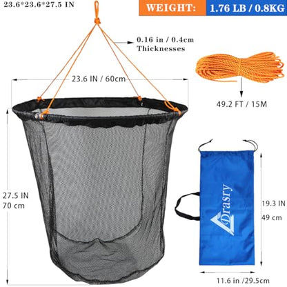 Foldable Bridge and Pier Fishing Net Landing Net High Load-Bearing Aluminum Ring Drop Net for Saltwater Freshwater Pier Fishing Baskets Net Collapsible with 49.2 FT Rope - size: 23.6*23.6*27.5 IN / 60*60*70cm