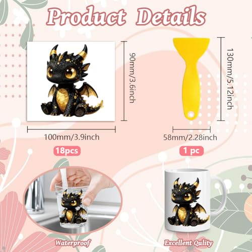Peacoblue 18 Sheets Rub on Transfers for Crafts, Cartoon Baby Dragon 3.6"x3.9" UV DTF Cup Wraps Waterproof Rub on Cold Transfers Stickers for Wood Glass Metal Cup Tumblers Mirrors Mugs Home Decor - style: Cartoon Baby Dragon