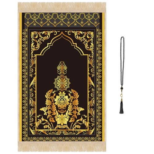 Prayer Mat Rug Ramadan Gifts - Thick Black Muslim Prayer Rug Islamic Tasbih Beads, Islamic Praying Carpet for Man Women Eid Salah Namaz Meditation Decorations for Home - color: Gold