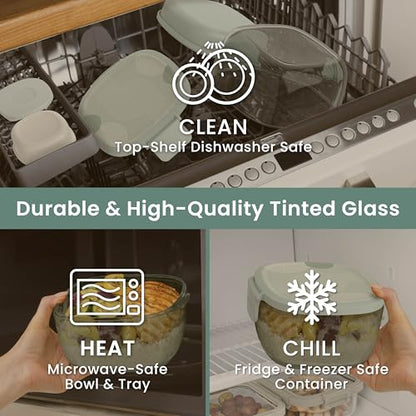 Bentgo Glass Prints Salad Container - 7.6-Cup Tinted Glass Salad Bowl with Airtight Lid, Leak-Proof Sauce Container, 4-Compartment Bento Meal Prep Tray & Reusable Fork (Mod Curve - Serene Green) - color: Mod Curve - Serene Green