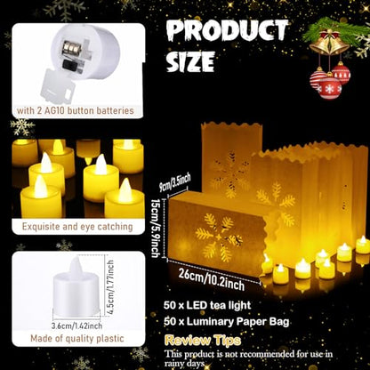 Sabary 50 Sets Luminary Bags with Flameless Tea Lights Outdoor Luminaries LED Lantern Candle Bags for Wedding Birthday Ramadan Christmas Party Decorations Romantic Decor(Snowflake) - style: Snowflake