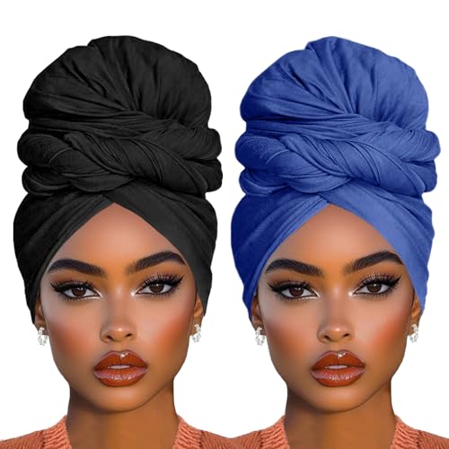 COOKOO 2 Piece Long Solid Color Stretch Head Wrap Jersey Turban Fashion Head Scarf Ultra Soft Extra Long Head Band Lightweight Breathable Head Bands Ties for Women(Black+Denim Blue) - color: Black+Denim Blue