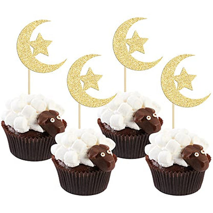 36 Pack Gold Glitter Moon and Star Eid Mubarak Cupcake Topper Ramadan Kareem Party Supplies Islamic Muslim Party Decorations - color: Gold-3