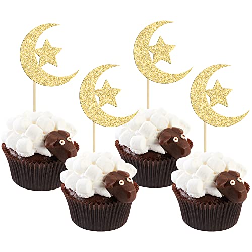 36 Pack Gold Glitter Moon and Star Eid Mubarak Cupcake Topper Ramadan Kareem Party Supplies Islamic Muslim Party Decorations - color: Gold-3