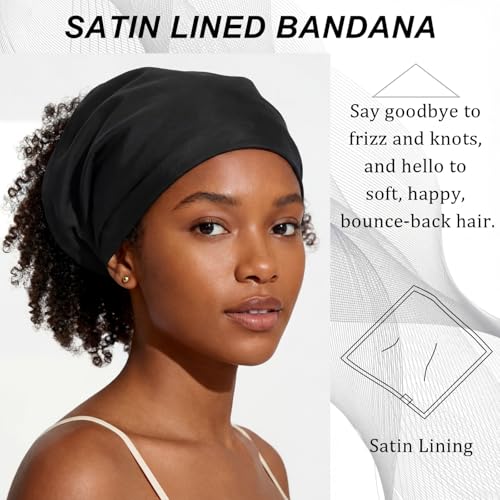 Cuffbow 2 Pcs Satin Lined Bandana Waterproof Head Scarf Non-Slip Hair Scarf Large Triangle Waterproof Rain Headband for Women Black