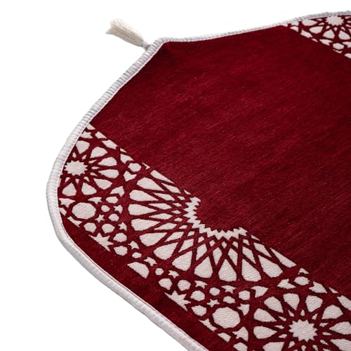Modefa Turkish Islamic Prayer Mat - Chenille with Foam and Carrying Bag - Intricate Praying Rug Ramadan Eid Gift - Traditional Muslim Janamaz Seccade for Men Women - Mustaqim (Red) - color: Red
