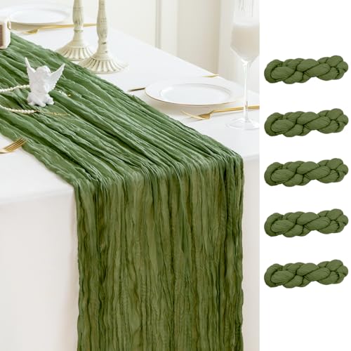 Sioloc 5 Pack Moss Green Cheesecloth Table Runner 120'' x 35'',Spring Easter Decor Soft Gauze Boho Wedding Table Decor for 10ft Table Birthday Party,Baby Shower, Bridal Shower, Home & Event Decor - color: Mossgreen, size: 5pc