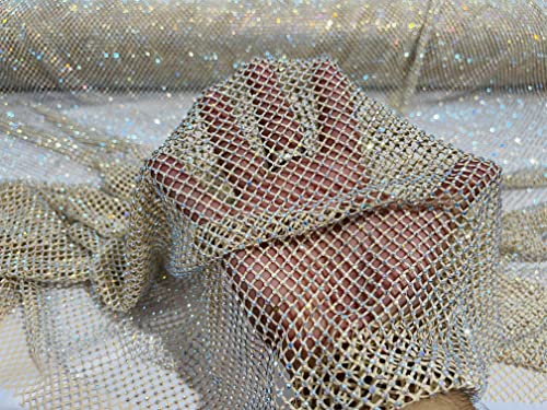 New Creations Fabric & Foam Inc, 45" Wide AB Iridescent Rhinestone On Soft Stretch Fish Net Fabric by The Yard (1 Yard, Iridescent Rhinestones on Nude Mesh) - color: Iridescent Rhinestones on Nude Mesh