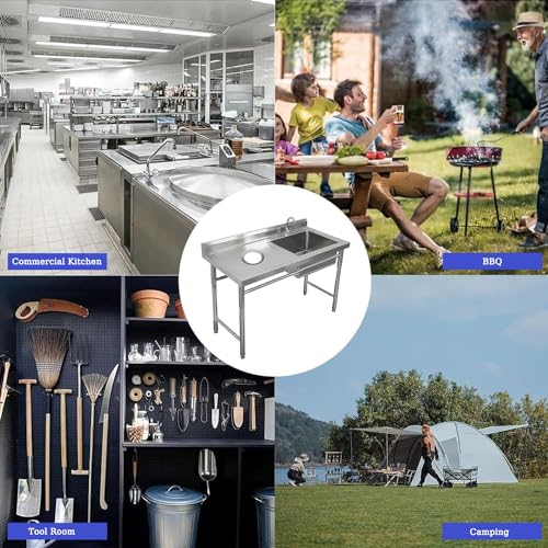 Commercial Stainless Steel Sink, Fish Cleaning Table with Trash Chute, Utility Portable Single Bowl Kitchen Hand Washing Station, Outdoor Free Standing Prep Table with Sink, Camping Basin Laundry Tub( - size: 120*50*80cm/47.2*19.6*31.4in