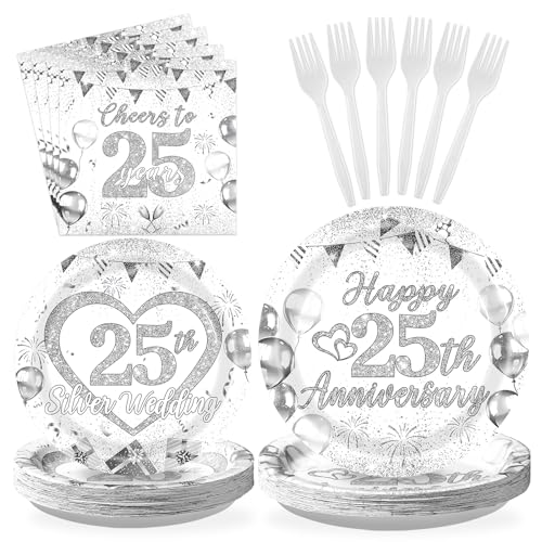 Grencian 96 Pcs 25th Wedding Anniversary Decorations, Serves 24 - style: Silver White 25th Wedding Anniversary