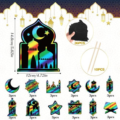 HOWAF 36pcs Ramadan Mubarak Scratch Paper Art Kit, Eid Mubarak Rainbow Scratch Off Cards for Eid Holiday Activity School DIY Drawing Project Supplies, Ramadan Kareem Paper Scratch Pad