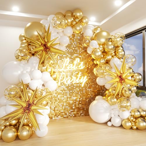 White and Gold Balloons Garland Arch Kit, 130Pcs White Metallic Gold Confetti Balloon with Star Foil Balloons for Birthday Wedding Engagements Graduation Baby Shower Anniversary Party Decorations - color: White Gold Starburst