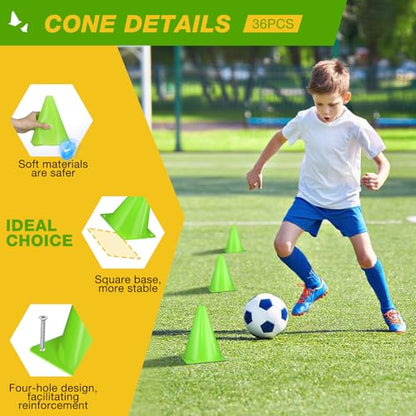 36pcs Cones 7 Inch Soccer Cones and Plastic Traffic Cones, Durable Cones for Sports Training, Ideal for Soccer, Basketball, Football, Skating, and Agility Drills Practice - color: green