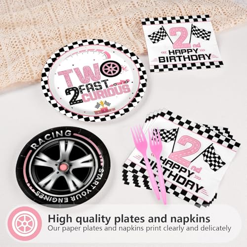 Grencian 96Pcs Two Fast Birthday Party Supplies Pink Race Car 2nd Party Plates and Napkins Checkered Flag Tableware for Kids Girls Racing Car 2 Year Old Birthday Decorations Serves 24 - style: Pink Racing Car 2nd Birthday