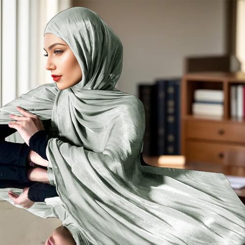 Premium Hijab Head Scarf for Women Lightweight Shimmer Hijab Head Wrap Scarves Crepe Satin Scarf Shawl Wrap - color: Light Green