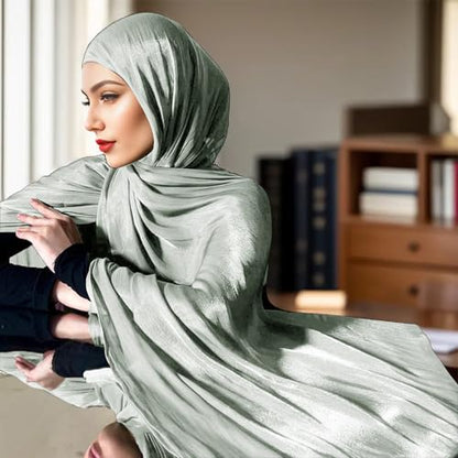 Premium Hijab Head Scarf for Women Lightweight Shimmer Hijab Head Wrap Scarves Crepe Satin Scarf Shawl Wrap - color: Light Green