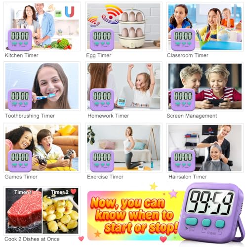 2 Pack Digital Timer for Kids Classroom Kitchen Timers for Cooking | w/ Battery, Easy to View, Alarm, Mute Mode, Count Down/Up, Magnetic, Kickstand, Hanging, Classroom Timer for Teacher Supplies - color: Fresh Purple