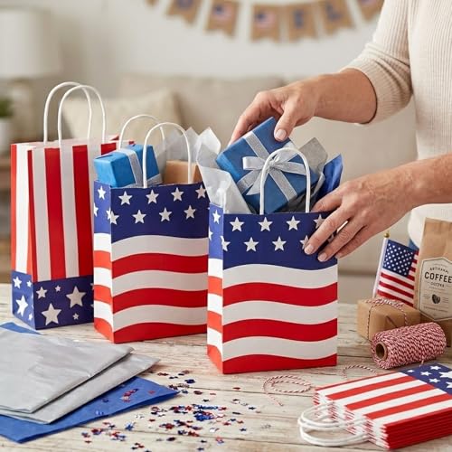 LAOREI 12 Pcs 4th of July Gift Bags with Handles, Patriotic Paper Goodie Sacks, Red White Blue American Flag Treat Bags for Independence Day Party, Memorial BBQ, Veterans Event, Birthday - color: Red White Blue