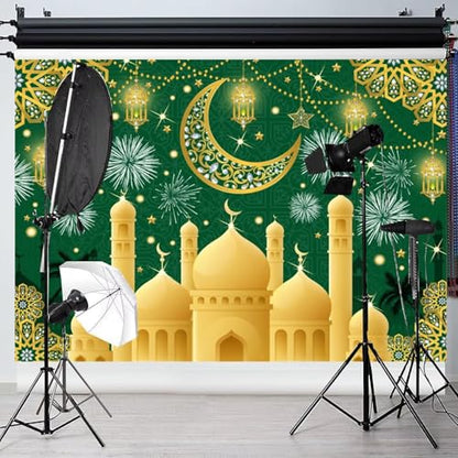 Eid Mubarak Backdrop Islamic Muslim Festival Green Gold Arabian Ramadan Golden Moon Lantern Castle Backgrounds Ramadan Kareem Lantern Sign Iftar Party Decorations Photo Booth Props Vinyl 8x6ft