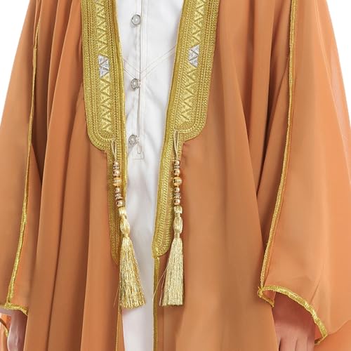 Boys Muslim Arabic Thobe Soft Lightweight Embroidered Robe Islamic Kaftan Middle East Prayer Party Dress Ramadan Eid Outfits - color: Orange, size: 13-14 Years