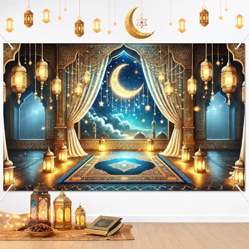 BlissYard Ramadan Decorations Banner Lantern Moon Backdrop Eid Mubarak Banner Islamic Wall Decor Ramadan Kareem Sign Muslim Home Party Supplies Lights Window Scene Outdoor Decor - color: Ramadan Decor#2