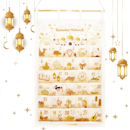 AhfuLife Ramadan Advent Calendar Decorations for Filling, Reusable Fabric Hanging 2026 Ramadan Mubarak Countdown Calendar with 30 Pockets for Eid Mubarak Party Ramadan Gift Home Wall Door - color: White