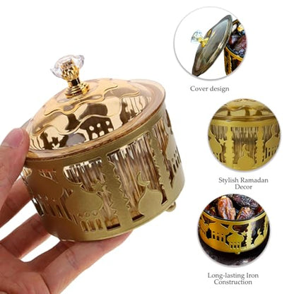 Gold Serving Tray with Lid, 3.5x3.5 Metal Ramadan Decor, Elegant Islamic Platter Wedding Cake Plate Islamic Ramadan Decor for Eid Dessert, Candy, Wedding & Table Decorations