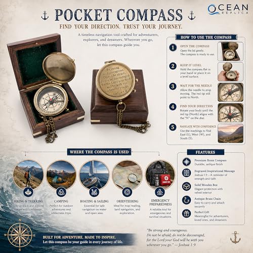 Be Strong and Courageous Compass – Antique Nautical Magnetic Compass with Engraved Scripture Quote – Baptism Gift with Wooden Box for Son, Father, Husband, Loved One