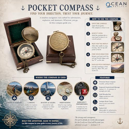 Be Strong and Courageous Compass – Antique Nautical Magnetic Compass with Engraved Scripture Quote – Baptism Gift with Wooden Box for Son, Father, Husband, Loved One