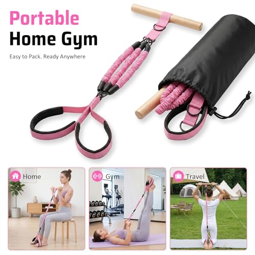Multifunction Resistance Bands with Handles, Upgraded Dual D-Ring | 3-Tube Adjustable Resistance: 30/60/90 LB | Beech Wood Handle | Wide Foot Pedals | for Abdomen, Waist, Arm, Leg, Pilates - color: Pink