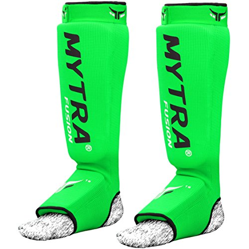Mytra Fusion Shin Pads Instep Protector Kick Boxing Muay Thai Training Elasticated Shinpads (Green, S/M)