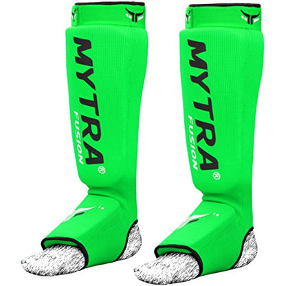 Mytra Fusion Shin Pads Instep Protector Kick Boxing Muay Thai Training Elasticated Shinpads (Green, S/M)