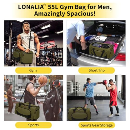 55L Large Sports Duffle Bag for Men, 22 Inch, Olive Green | Heavy Duty, Gym Duffel Bag, Multi Pockets, Spacious - color: Olive Green