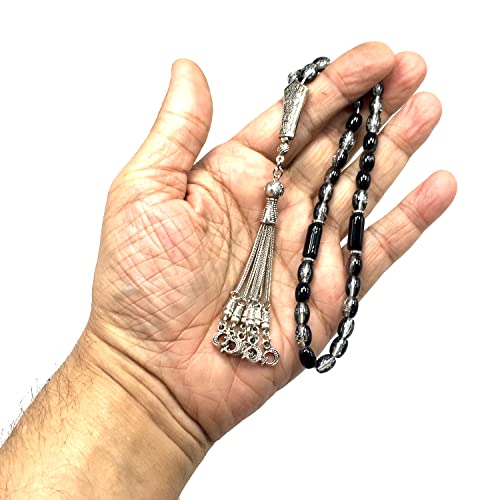 Transparent Crackle Black Glass Worry Beads, Prayer Beads, Tesbih, Tasbih, Tasbeeh, Rosary, Misbaha, Masbaha, Subha, Sebha (8x6mm-33 Beads) - color: Transparent Crackle Black Glass -8x6mm-33 Beads