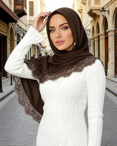 JUMISEE Elegant Floral Lace Hijab Scarf for Women Soft Cotton Head Wrap Instant Hijab Long Scarves Evening Dress Shawl - color: Coffee
