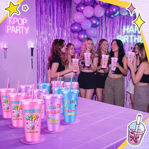 Chuangdi 12 Pcs Kpop Theme Party Supplies 24 oz Reusable Plastic Tumbler with Lid and Straw, K Pop Cups Bulk for Women Kpop Birthday Decorations Popular Singer Party Favors, Korean Music Lover Gifts - style: Kpop