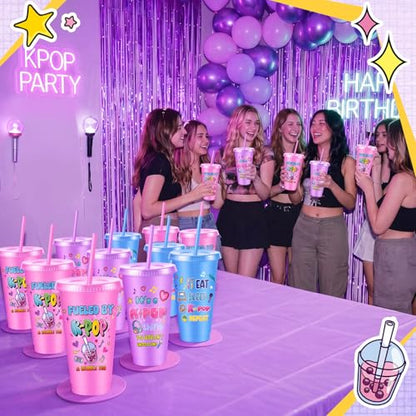 Chuangdi 12 Pcs Kpop Theme Party Supplies 24 oz Reusable Plastic Tumbler with Lid and Straw, K Pop Cups Bulk for Women Kpop Birthday Decorations Popular Singer Party Favors, Korean Music Lover Gifts - style: Kpop