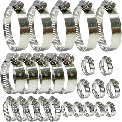 Stainless Steel Hose Clamps Assortment Kit, 25 Pieces Worm Gear Hose Clamp Adjustable 1/4 to 2-1/4in, Fuel Line Clamp for Plumbing, Automotive And Mechanical Applications