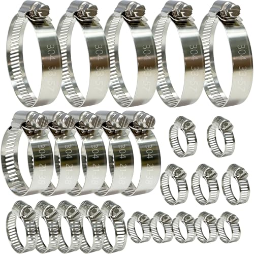 Stainless Steel Hose Clamps Assortment Kit, 25 Pieces Worm Gear Hose Clamp Adjustable 1/4 to 2-1/4in, Fuel Line Clamp for Plumbing, Automotive And Mechanical Applications