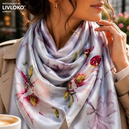 LONDON Women’s Satin Silky Scarf Gift Box Large Lightweight Silky Smooth Shawl Wrap for Hair, Head, Neck or Hijab - color: Silver Floral - Box