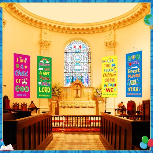 Panelee 4 Pcs Church Banners for Sanctuary Wall Rainbow Cartoon Church Banners with Scripture Inspirational Religious Praise Bible Verses Hanging Backdrop Signs for Sunday School Worship Decoration - style: Bible Cartoon