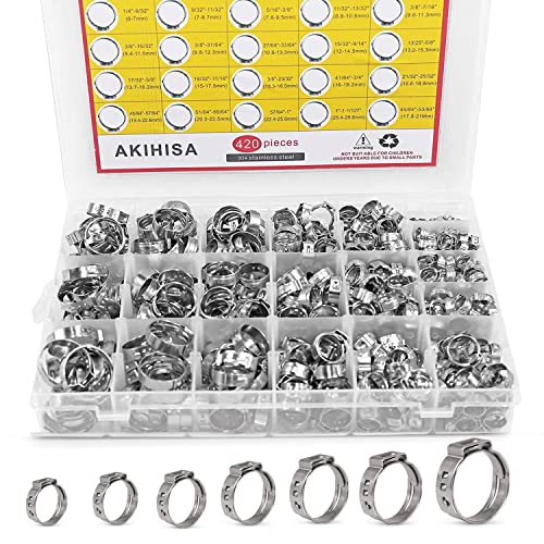 AKIHISA 420Pcs 20 sizes Single Ear Hose Clamps, 7-28.6mm 304 Stainless Steel Pex Crimp Rings Kit, Crimp Hose Clamp Assortment Set for Securing Pipe Hoses and Automotive Use - size: 420Pcs (7.0-28.6mm)